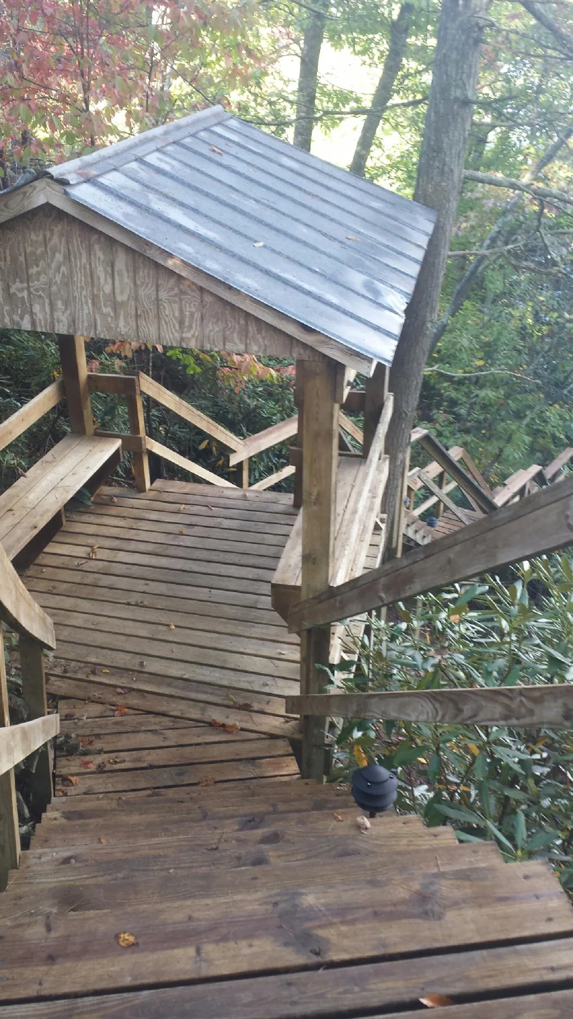 Metal roofed shelter over wooden steps on a wooded walkway — Skylight Repair & Installation work by our crew in Ukiah